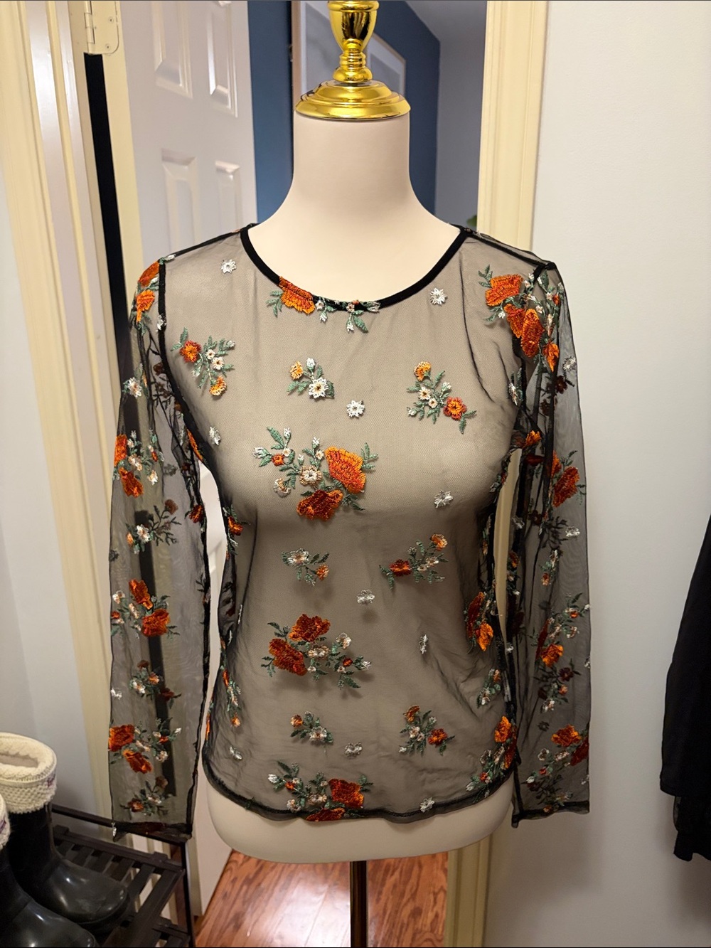 Used Express Women’s Sheer Black Mesh Top with Floral Embroidery